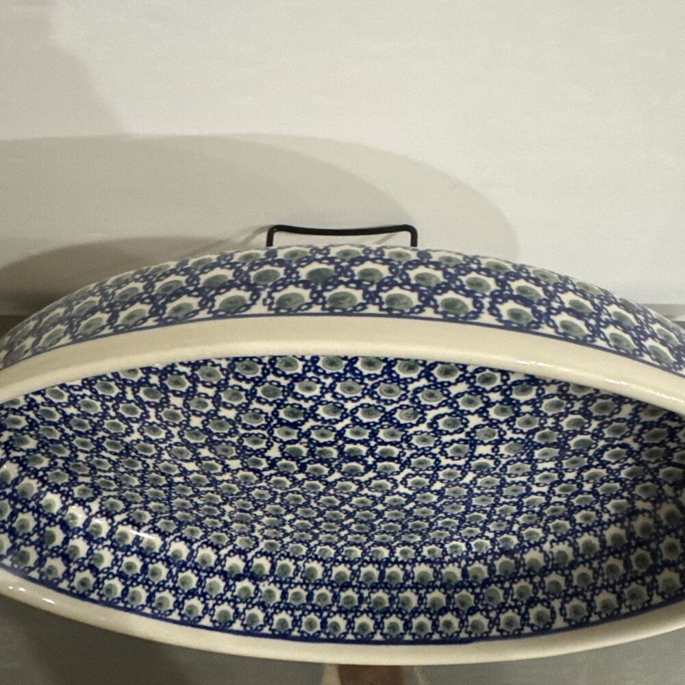 Vintage Boleslawiec Polish Pottery, Oval Deep Baking Dish, Blue And Green 14in - Picture 5 of 14